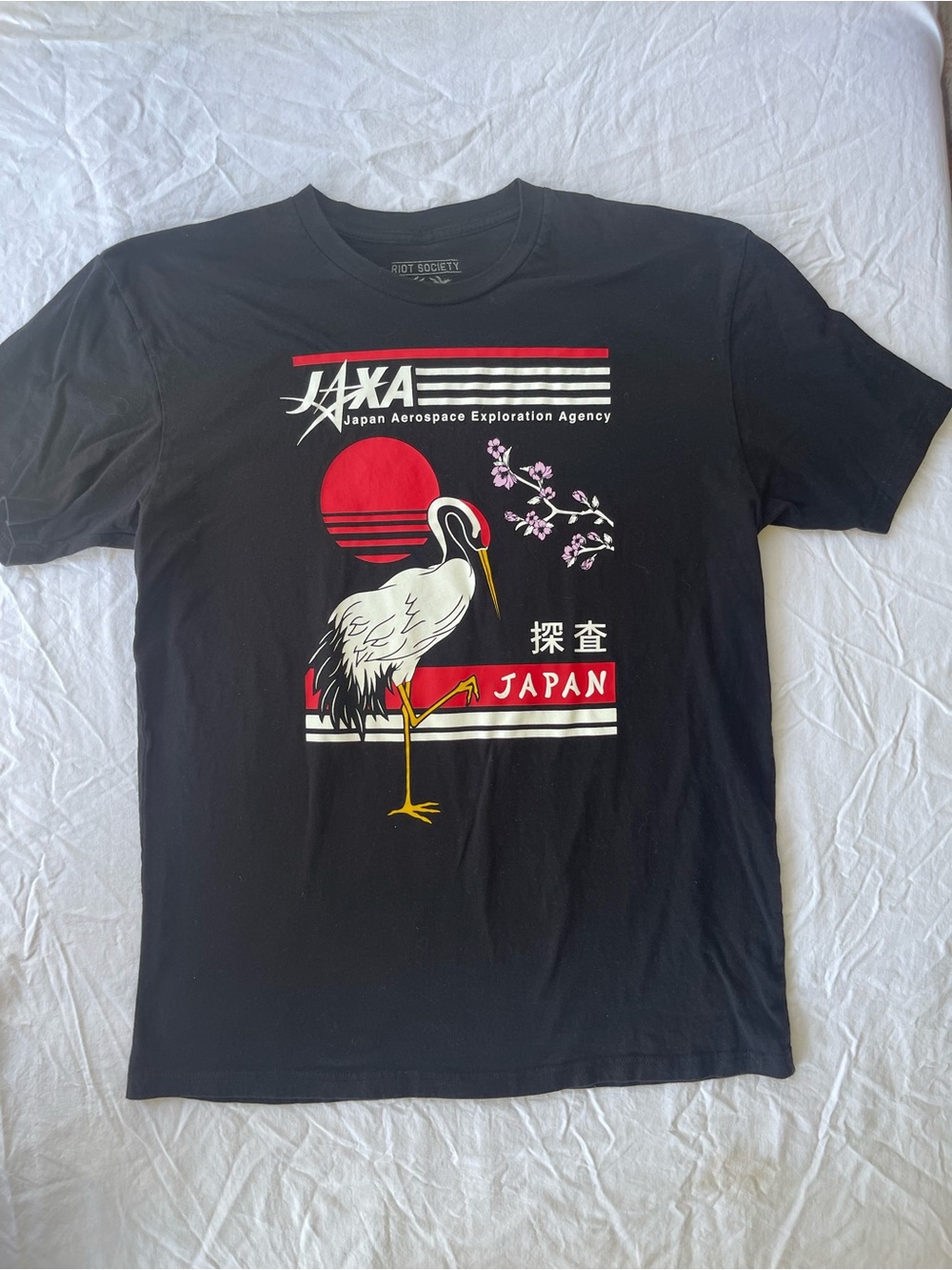 riot society Black Graphic Tee with Red Sun & White Crane